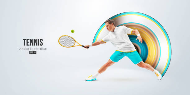 白い背景にテニス選手のリアルなシルエット。ラケットを持ったテニス選手の男がボールを打つ。ベクターイラストレーション - tennis ball audio点のイラスト素材／クリップアート素材／マンガ素材／アイコン素材