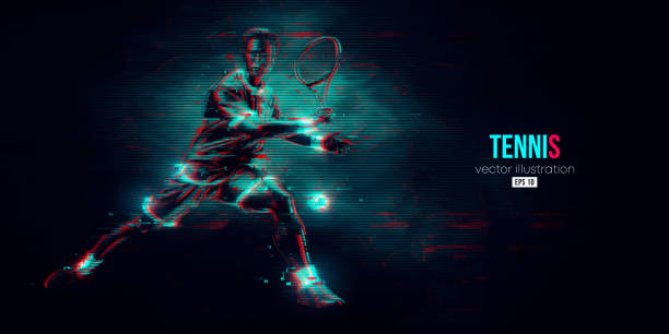 illustrazioni stock, clip art, cartoni animati e icone di tendenza di siluetta astratta di un tennista su sfondo nero. l'uomo del tennista con la racchetta colpisce la palla. illustrazione vettoriale - tennis silhouette tennis racket tennis ball