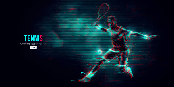 ilustrações de stock, clip art, desenhos animados e ícones de abstract silhouette of a tennis player on black background. tennis player man with racket hits the ball. vector illustration - tennis court men racket