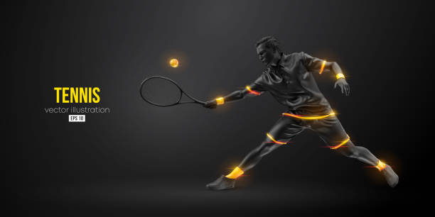 istock Abstract silhouette of a tennis player on black background. Tennis player man with racket hits the ball. Vector illustration 1403463174