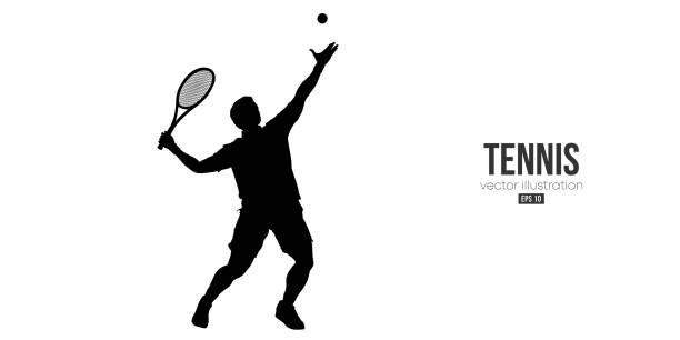illustrazioni stock, clip art, cartoni animati e icone di tendenza di siluetta astratta di un tennista su sfondo bianco. l'uomo del tennista con la racchetta colpisce la palla. illustrazione vettoriale - tennis silhouette tennis racket tennis ball