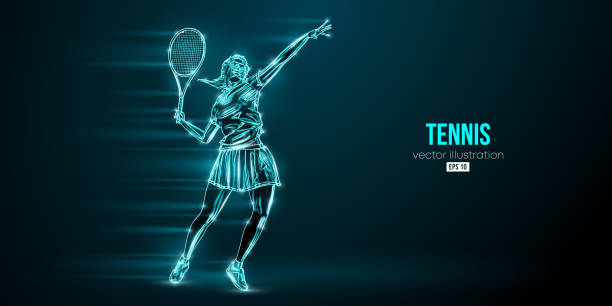 Abstract silhouette of a tennis player on black background. Tennis player woman with racket hits the ball. Vector illustration Abstract silhouette of a tennis player on black background. Tennis player woman with racket hits the ball. Vector illustration the black ball stock illustrations