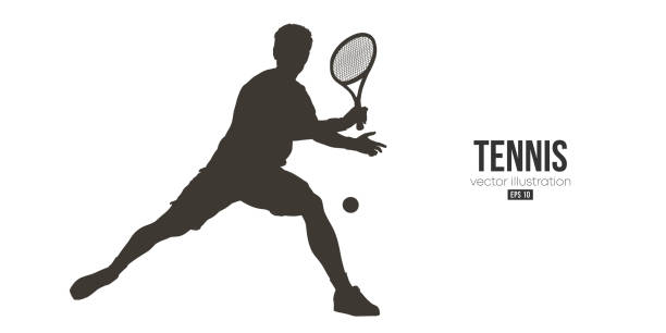 illustrazioni stock, clip art, cartoni animati e icone di tendenza di siluetta astratta di un tennista su sfondo bianco. l'uomo del tennista con la racchetta colpisce la palla. illustrazione vettoriale - tennis silhouette tennis racket tennis ball