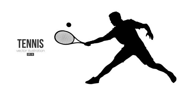 illustrazioni stock, clip art, cartoni animati e icone di tendenza di silhouette astratta di un tennista su sfondo bianco. tennista uomo con racchetta colpisce la palla. illustrazione vettoriale - tennis silhouette tennis racket tennis ball