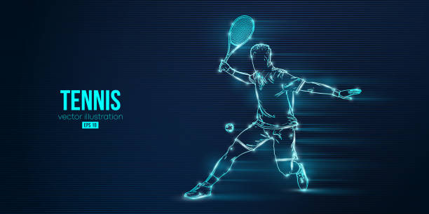 青い背景にテニス選手の抽象的なシルエット。ラケットを持ったテニス選手の男がボールを打つ。ベクターイラストレーション - tennis ball audio点のイラスト素材／クリップアート素材／マンガ素材／アイコン素材