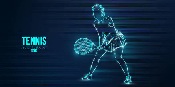 青い背景にテニス選手の抽象的なシルエット。ラケットを持ったテニス選手の�女性がボールを打つ。ベクターイラストレーション - tennis ball audio点のイラスト素材／クリップアート素材／マンガ素材／アイコン素材