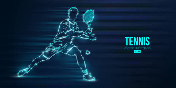 illustrazioni stock, clip art, cartoni animati e icone di tendenza di siluetta astratta di un tennista su sfondo blu. l'uomo del tennista con la racchetta colpisce la palla. illustrazione vettoriale - tennis silhouette tennis racket tennis ball