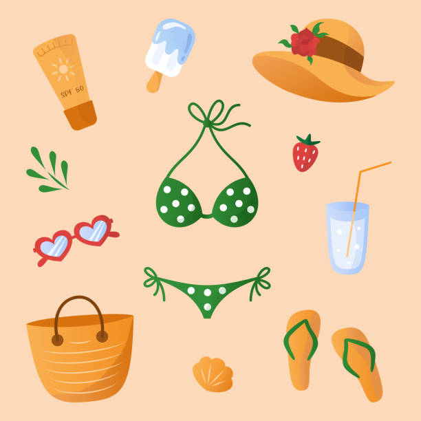 Summer beach set with different accessories. Green swimsuit, beach bag, flip flops, sun glasses, shell, sun screen cream, cocktail and ice cream, strawberry, hat, leaf. Summer beach set with different accessories. Green swimsuit, beach bag, flip flops, sun glasses, shell, sun screen cream, cocktail and ice cream, strawberry, hat, leaf. Vector vacation theme elements polka dot bathing suit stock illustrations