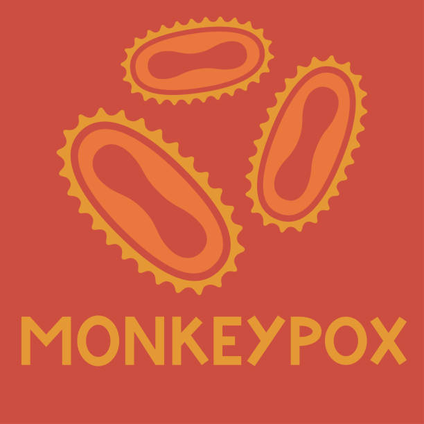 monkeypox with virus cells on red background 2022 - 猴痘 插圖 幅插畫檔、美工圖案、卡通及圖標