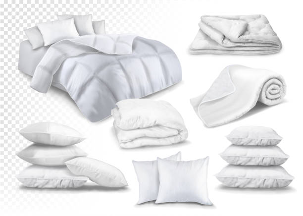 illustrazioni stock, clip art, cartoni animati e icone di tendenza di imposta coperta bianca e cuscini. illustrazione vettoriale. - bedroom pillow duvet blanket