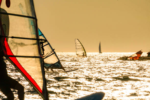 sylwetka: nierozpoznawalni turyści jeżdżą na windsurfingu w słoneczny wieczór. - kiteboarding sunlight croatia dalmatia zdjęcia i obrazy z banku zdjęć