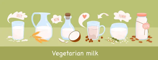 Vector illustration of Lactose free alternative vegetarian milk set, different drinks in glass cup, bottle, bowl