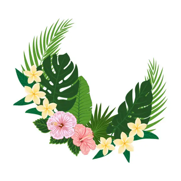 Vector illustration of Frame of tropical flowers and plants on a white background flat vector illustration