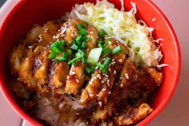 cotoletta tonkatsu di maiale o pollo fritto croccante con riso giapponese - tonkatsu foto e immagini stock