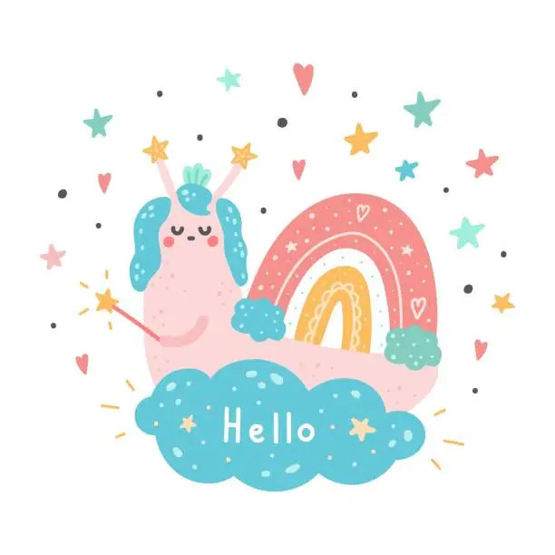 Vector illustration of A postcard with a baby snail princess with a rainbow, hearts, clouds and stars. Vector cartoon illustration, hand-drawn for poster, print, postcards, labels, brochures, leaflets, pages, clothes.