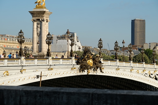 Paris, France - The 15th june 2022: a close-up on the bridge Alexander III, one of the most beautiful bridge of Paris.