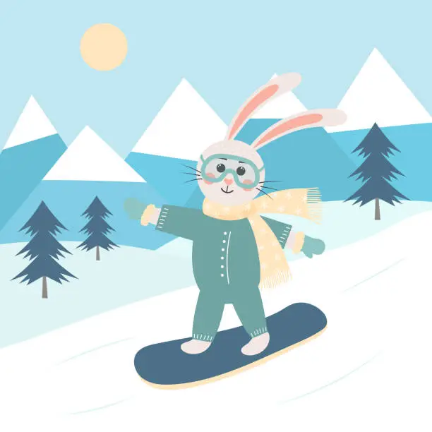 Vector illustration of Cute cartoon rabbit in ski mask is snowboarding. Winter mountain landscape.