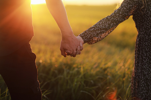 Couple hold hands in green field on sunset.