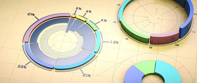 Abstract pie charts & circular charts on an engineering blueprint surface. Wide horizontal close up composition.