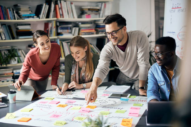 istock Young happy start up team analyzing mind map during business meeting in the office. 1403474471