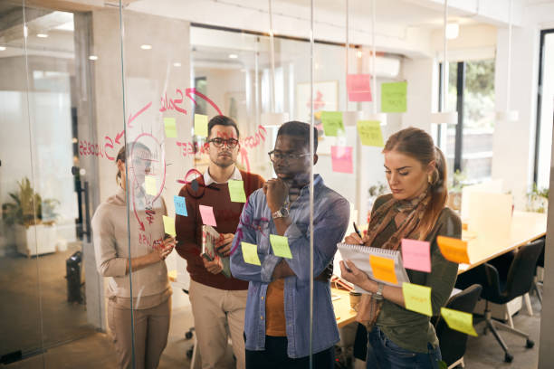istock Young creative start up team brainstorming in front of mind map on glass wall. 1403474506