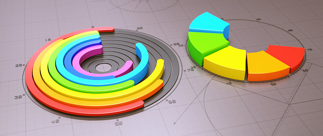 Colorful donut chart design on a gray engineering blueprint surface. Wide horizontal, close up composition.