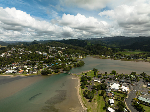 Tairua Beach town aerial view in summer. North Island, Coromandel, New Zealand