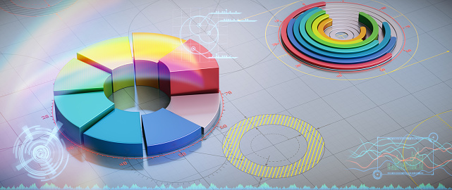 Abstract colorful donut chart on a shiny engineering blueprint surface with glowing infographic HUD overlay. Wide horizontal composition.