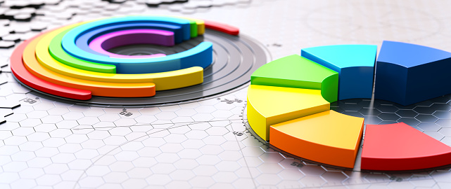 Colorful donut chart design on a hexagon engineering surface. Low angle, wide horizontal composition.