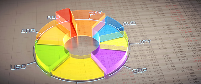 Transparent donut chart with glowing currency labels over a financial figures spreadsheet blending into a grid background. Top view, horizontal composition.
