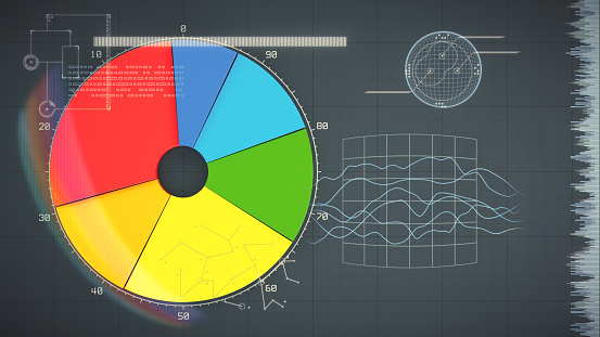 Colorful pie chart with abstract and symbolic infographics overlay on a dark background.