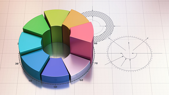 Colorful shiny donut chart with numerical description ring on a blueprint background surface. Top-view composition.