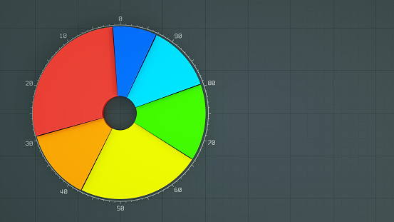 Colorful pie chart with numerical description ring isolated on a dark gray grid background. Top-view composition.