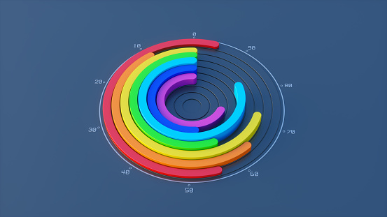 Curved abstract colorful circle chart isolated on a dark blue background. Wide horizontal composition.