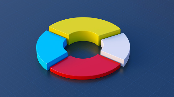 Simple generic colorful pie chart isolated on a dark blue background. Wide horizontal composition.