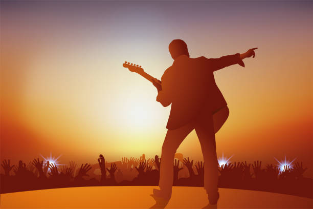 Symbol of the idol, with a rock singer greeting his fans. Concept of the rock music concert with a guitarist who greets his audience by pointing to the crowd that applauds his show. concert crowd stock illustrations