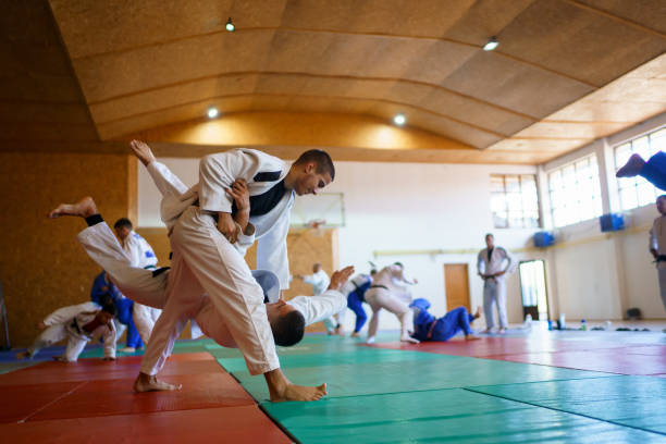 Martial arts fighters training together stock photo