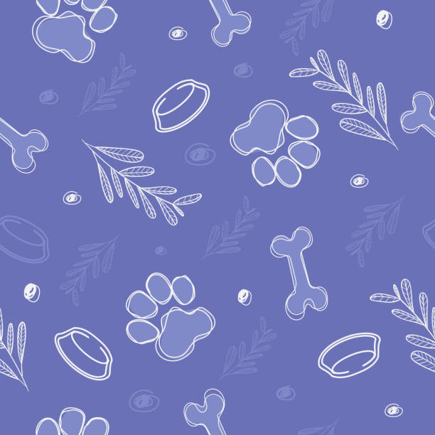 ilustrações de stock, clip art, desenhos animados e ícones de cute seamless vector pattern with bones, paws, bowl on lilac, purple background - foot wraps