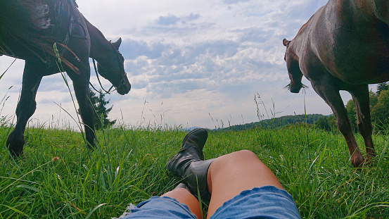 POV: Young female horseback rider lies in the grass watching her horses graze in the lush green pasture on a sunny spring day. First person view of a fit woman watching her thoroughbreds pasturing.