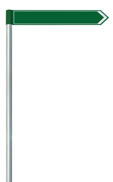 istock Right route direction pointer this way road sign, green isolated roadside signage, white traffic arrow frame roadsign, grey pole post, large detailed vertical macro closeup 1403480410