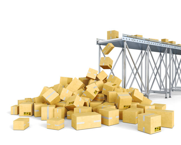 Boxes move along the conveyor belt and fall down in a stack, conveyor delivery and production concept, isolated on white background, 3d illustration stock photo
