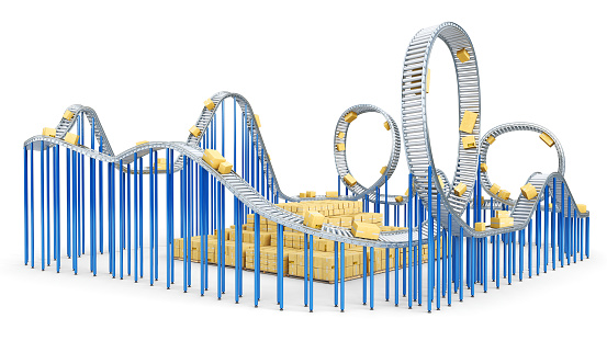 Long conveyor belt in the form of rollercoaster with hills and downturns and loops, boxes moves along the line, conveyor delivery and production concept, isolated on white background, 3d illustration