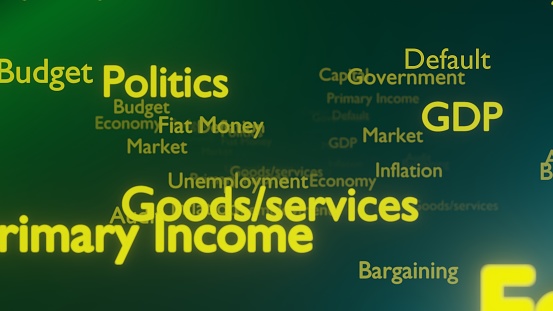 Economy background. Business terms. Money, politics, employment, GPD. Intro. 3d render.