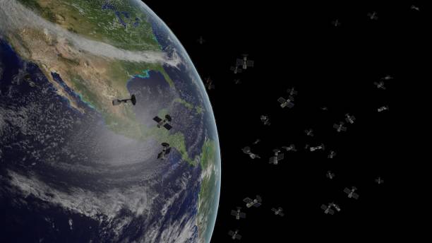 istock Planet Earth with many satellites around it. View from space. 1403481173