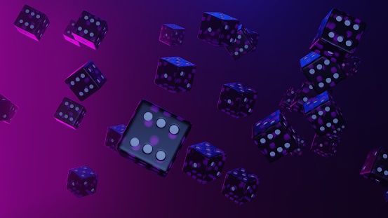 Purple dice on gradient background. Gambling concept. Casino. 3D render.