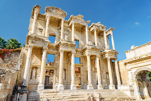 Awesome view the Library of Celsus in Ephesus (Efes). Ruins of the ancient Greek city in Selcuk, Izmir Province, Turkey. Ephesus is a popular tourist attraction in Turkey.