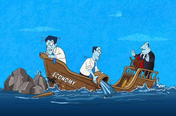 Sinking Economy The boat with economy written on it sinks in the water. (Used clipping mask) sinking boat stock illustrations