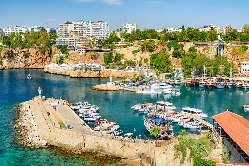View of Old Antalya Marina in Kaleici. The Kaleici area is the historic city center and a popular tourist attraction in Turkey.