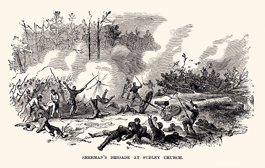 American civil war: Sherman's brigade at Sudley Church. Vintage engraving circa late 19th century. Digital restoration by Pictore. 
Sherman first saw combat at the Battle of First Manassas, where he commanded a brigade of Tyler’s Division. Although the Union army was defeated during the battle, President Abraham Lincoln was impressed by Sherman’s performance and he was promoted to brigadier general on August 7, 1861, ranking seventh among other officers at that grade...
