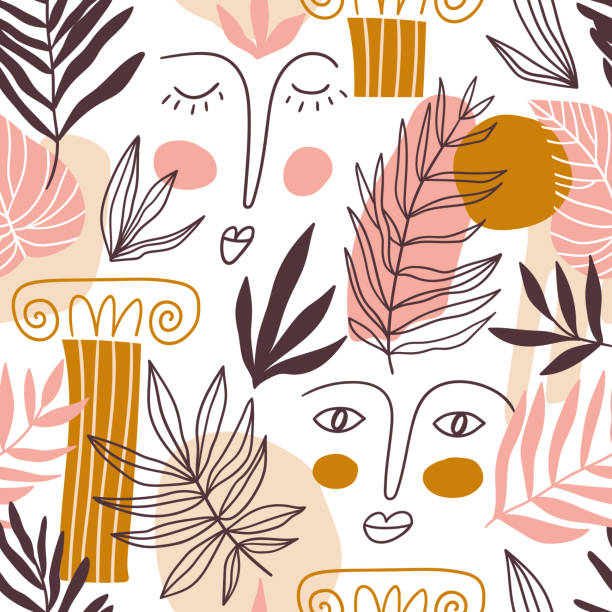 vector Seamless pattern with big colorful shapes, leaves, faces and greece elements. Cute trendy design for fabric or wallpaper. vector Seamless pattern with big colorful shapes, leaves, faces and greece elements. Cute trendy design for fabric or wallpaper. color block stock illustrations
